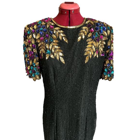Vintage Stenay Large 100% Silk Fully‎ Beaded Sequined Party Evening Midi Dress - Picture 4 of 7